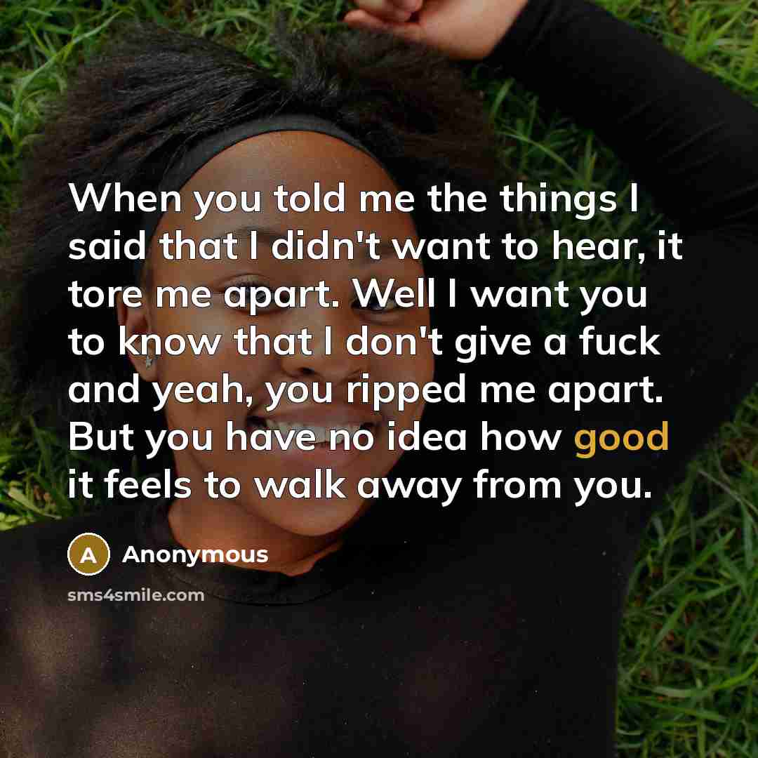 “When you told me the things I said that I didn't want to hear, it tore me apart. Well I want you to know that I don't give a fuck and yeah, you ripped me apart. But you have no idea how good it feels to walk away from you.” quote by Anonymous
