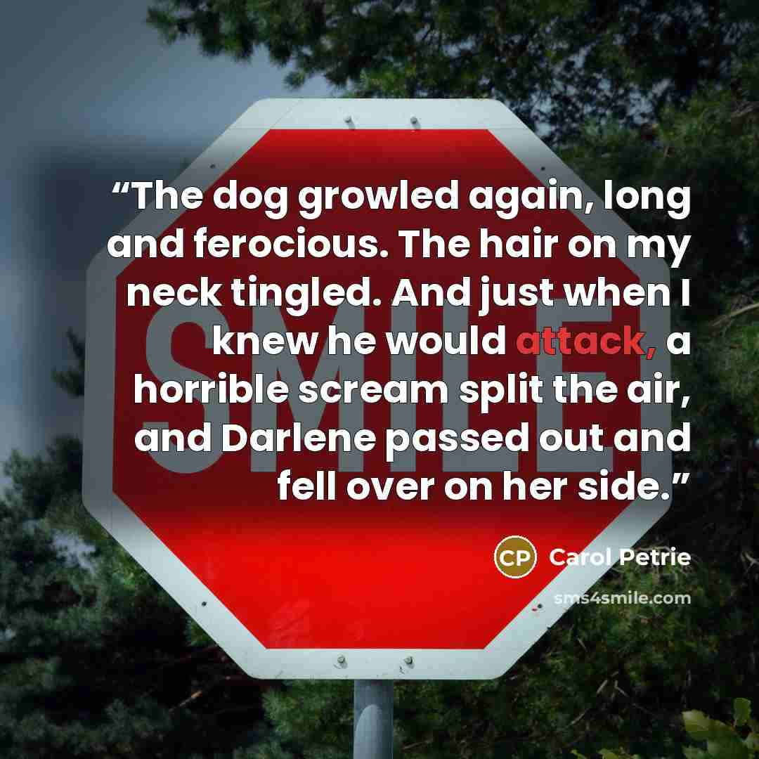 “The dog growled again, long and ferocious. The hair on my neck tingled. And just when I knew he would attack, a horrible scream split the air, and Darlene passed out and fell over on her side.” quote by Carol Petrie