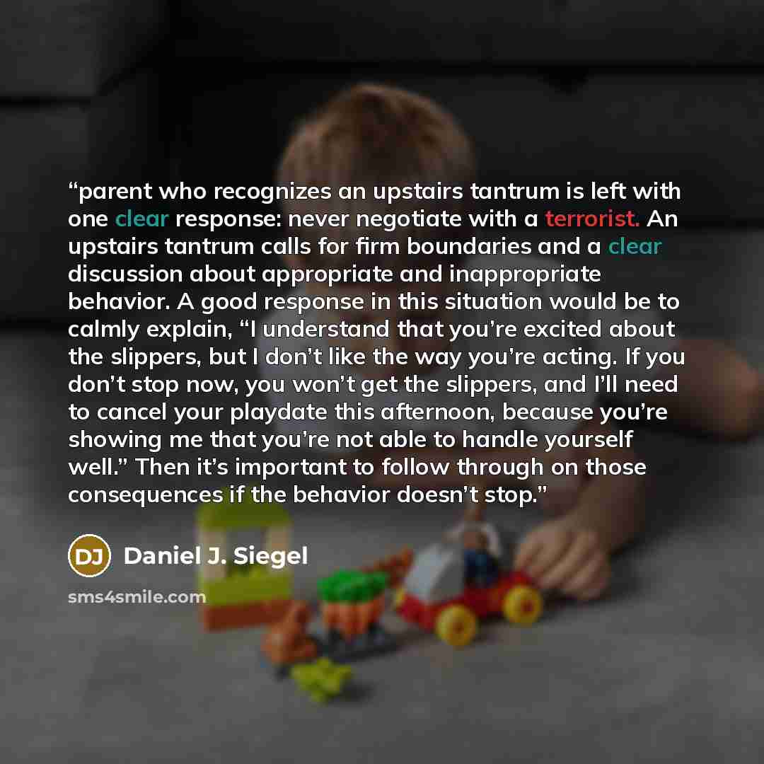 “parent who recognizes an upstairs tantrum is left with one clear response: never negotiate with a terrorist. An upstairs tantrum calls for firm boundaries and a clear discussion about appropriate and inappropriate behavior. A good response in this situation would be to calmly explain, “I…” quote by Daniel J. Siegel