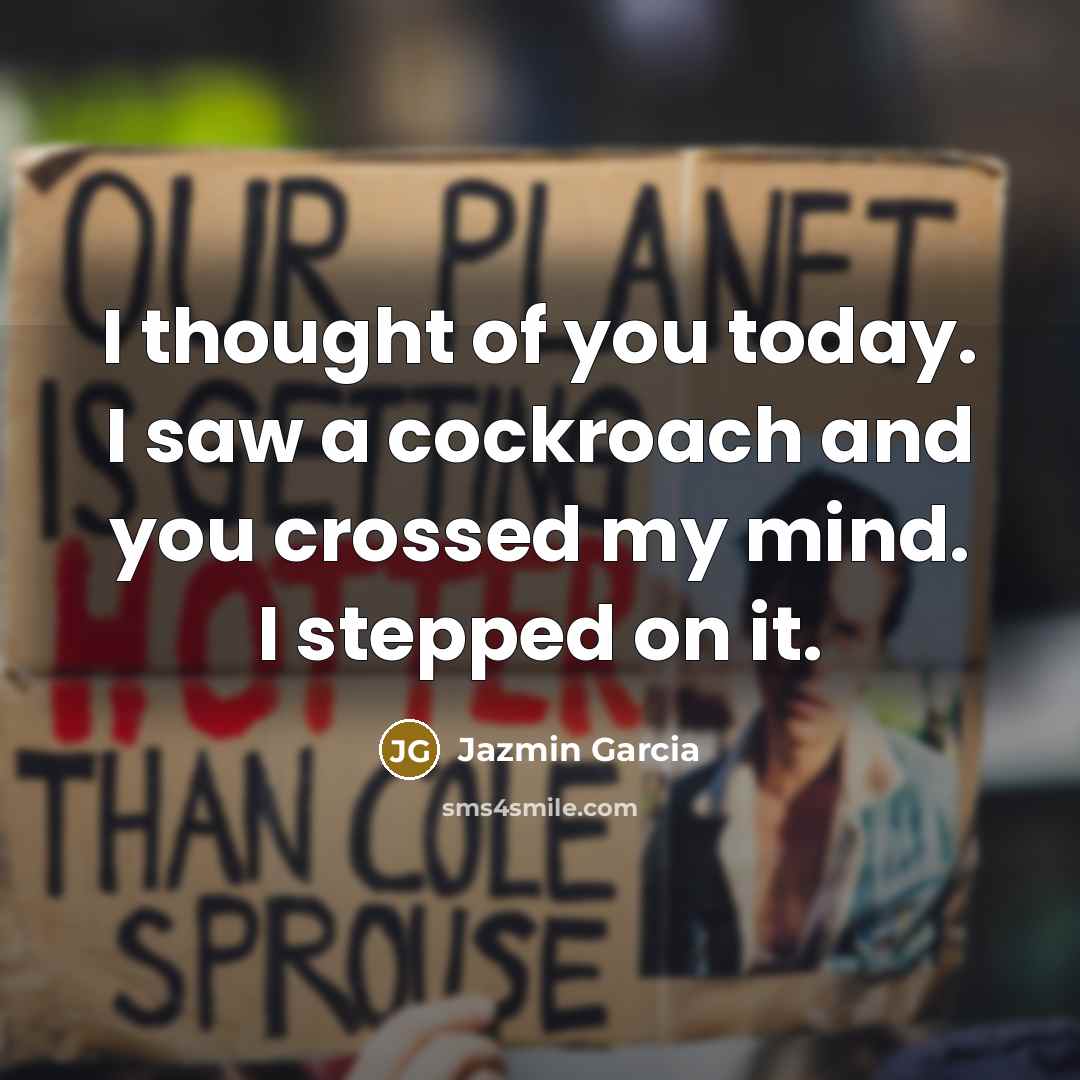 “I thought of you today. I saw a cockroach and you crossed my mind. I stepped on it.” quote by Jazmin Garcia