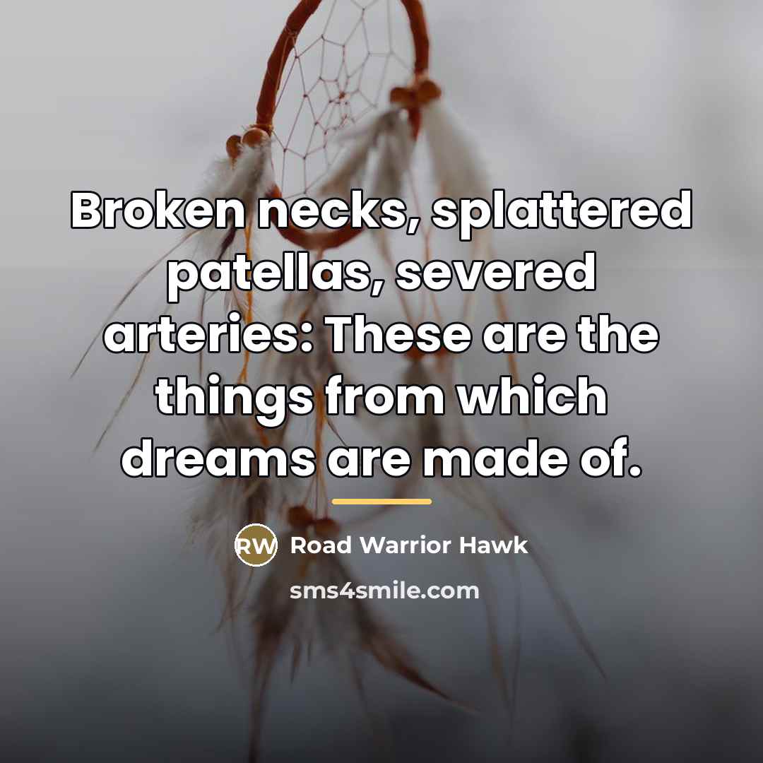“Broken necks, splattered patellas, severed arteries: These are the things…” quote by Road Warrior Hawk