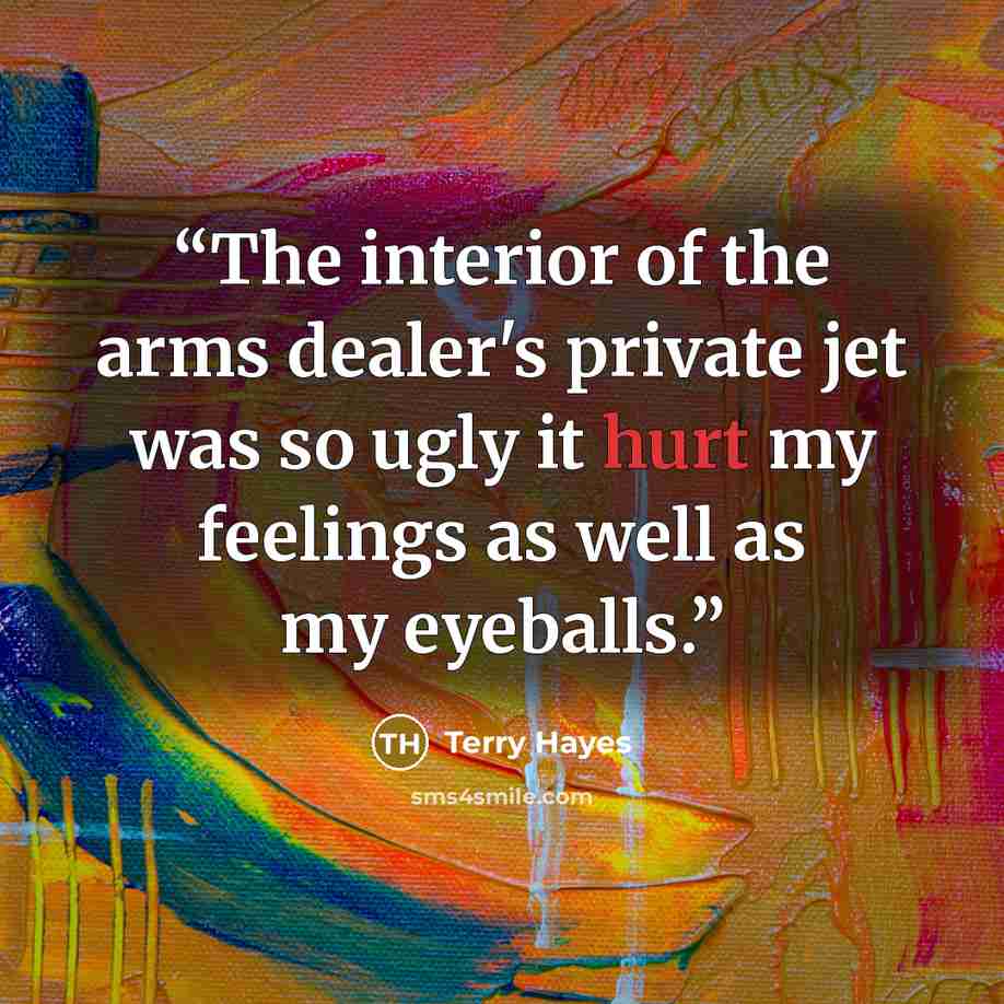 “The interior of the arms dealer's private jet was so ugly it hurt my feelings as well as my eyeballs.” quote by Terry Hayes