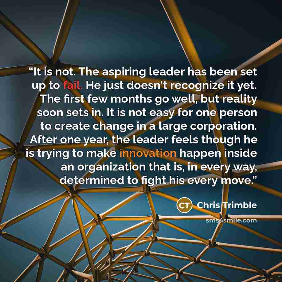 “It is not. The aspiring leader has been set up to fail. He just doesn't recognize it yet. The first few months go well, but reality soon sets in. It is not easy for one person to create change in a large corporation. After one year, the leader feels though he is trying to make innovation happen…” quote by Chris Trimble