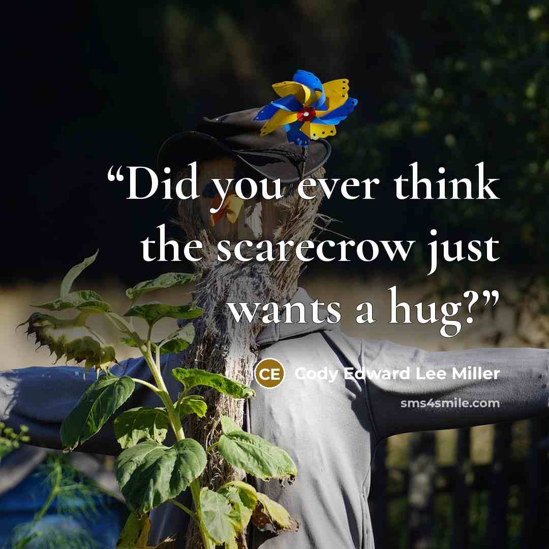 “Did you ever think the scarecrow just wants a hug?” quote by Cody Edward Lee Miller