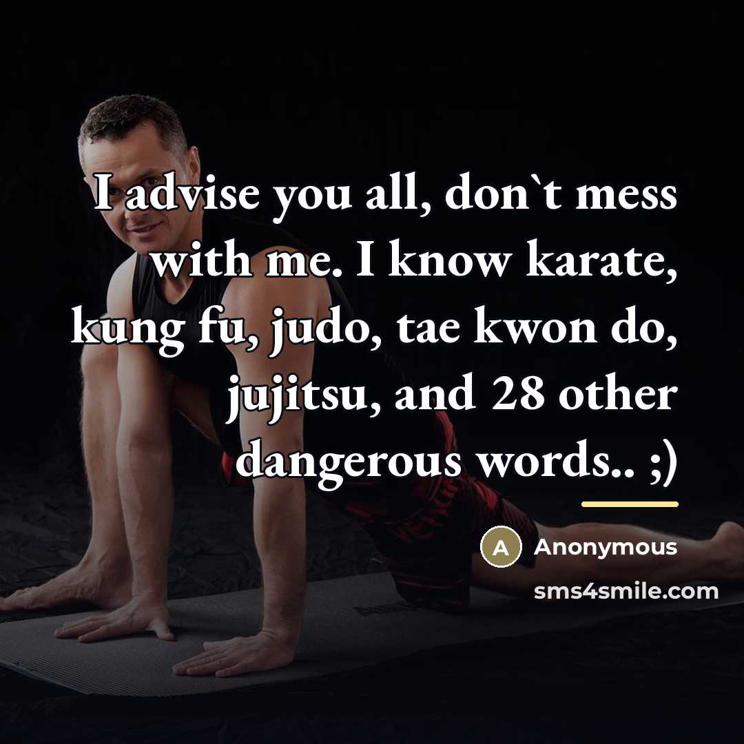 “I advise you all, don`t mess with me. I know karate, kung fu, judo, tae kwon do, jujitsu, and 28 other dangerous words.. ;)” quote by Anonymous