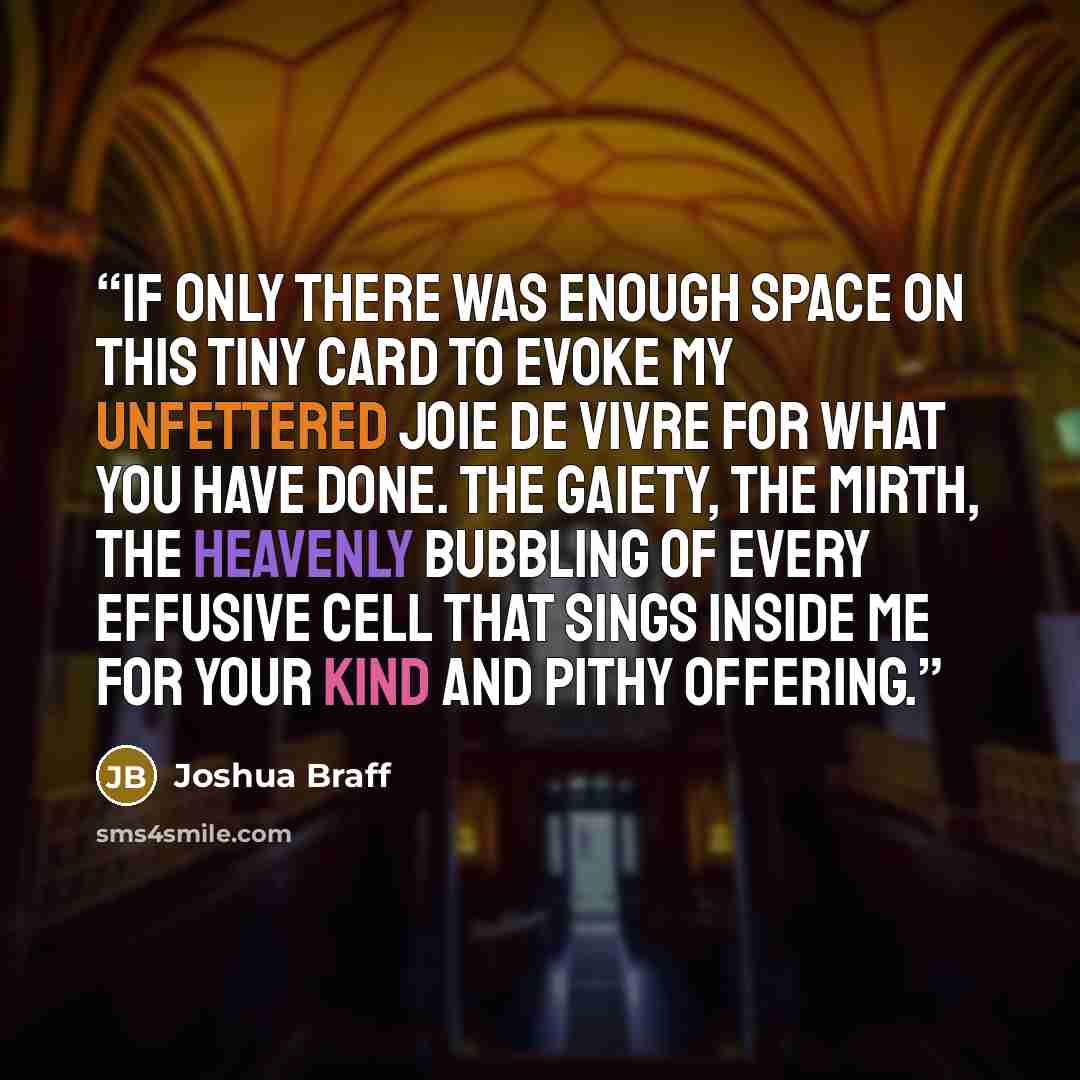 “If only there was enough space on this tiny card to evoke my unfettered joie de vivre for what you have done. The gaiety, the mirth, the heavenly bubbling of every effusive cell that sings inside me for your kind and pithy offering.” quote by Joshua Braff