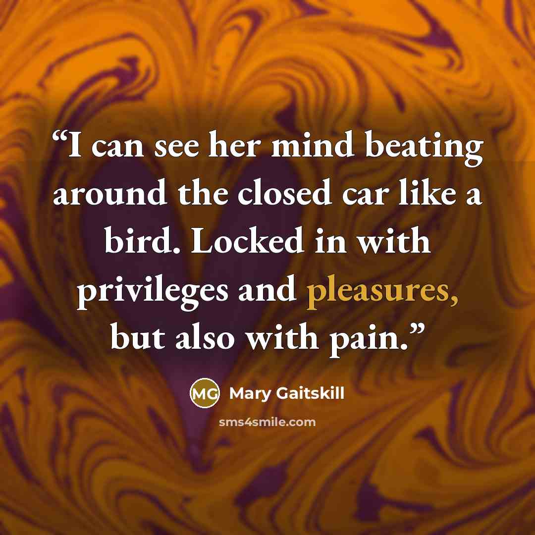 “I can see her mind beating around the closed car like a bird. Locked in with privileges and pleasures, but also with pain.” quote by Mary Gaitskill