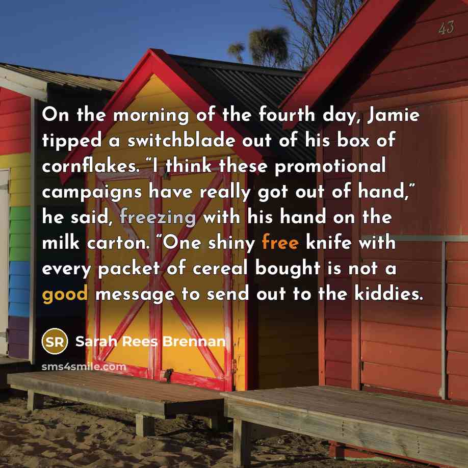 “On the morning of the fourth day, Jamie tipped a…” quote by Sarah Rees Brennan