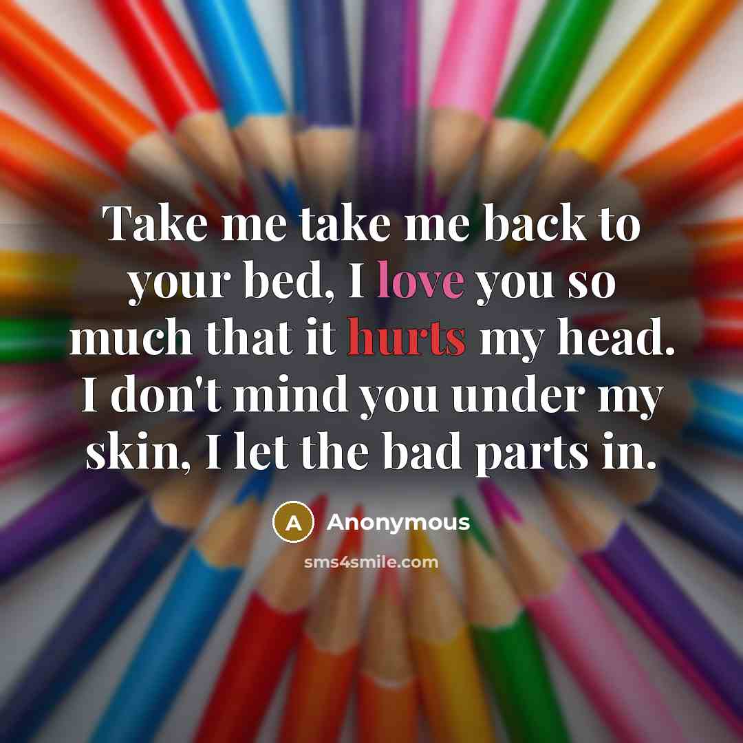“Take me take me back to your bed, I love you so much that it hurts my head. I don't mind you under my skin, I let the bad parts in.” quote by Anonymous