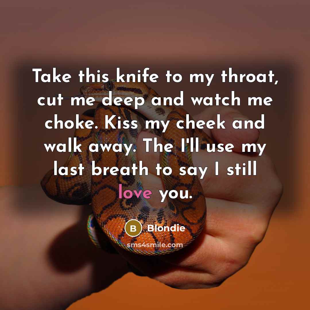 “Take this knife to my throat, cut me deep and watch me choke. Kiss my cheek and walk away. The I'll use my last breath to say I still love you.” quote by Blondie