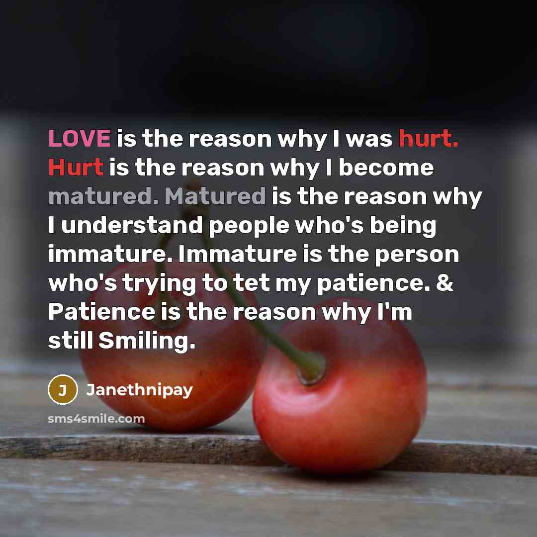 “LOVE is the reason why I was hurt. Hurt is the reason why I become matured. Matured is the reason why I understand people who's being immature. Immature is the person who's trying to tet my patience. & Patience is the reason why I'm still Smiling.” quote by Janethnipay
