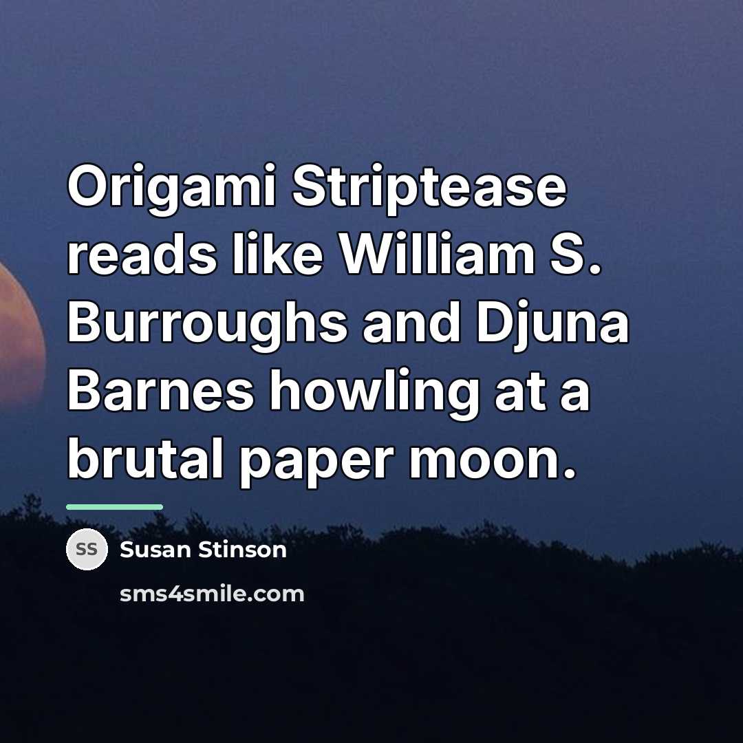 “Origami Striptease reads like William S. Burroughs and Djuna Barnes…” quote by Susan Stinson