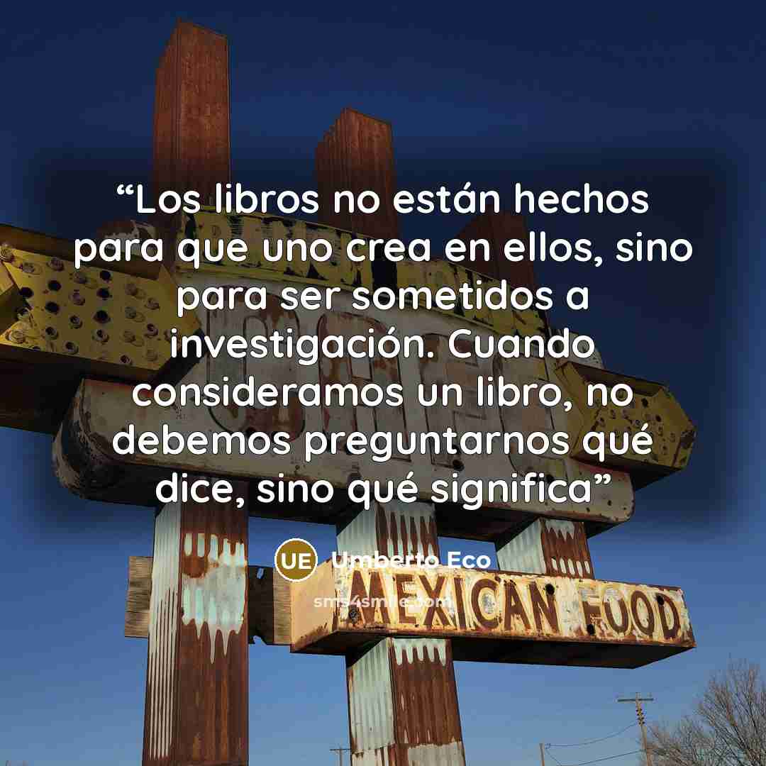 “Los libros no están hechos para que uno crea en ellos, sino para ser sometidos a investigación. Cuando consideramos un libro, no debemos preguntarnos qué dice, sino qué significa” quote by Umberto Eco