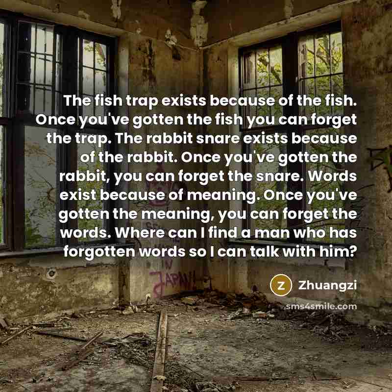 “The fish trap exists because of the fish. Once you've gotten the fish you can forget the trap. The rabbit snare exists because of the rabbit. Once you've gotten the rabbit, you can forget the snare. Words exist because of meaning. Once you've gotten the meaning, you can forget the words. Where can…” quote by Zhuangzi