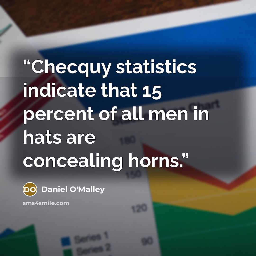 “Checquy statistics indicate that 15 percent of all men in hats are concealing horns.” quote by Daniel O'Malley