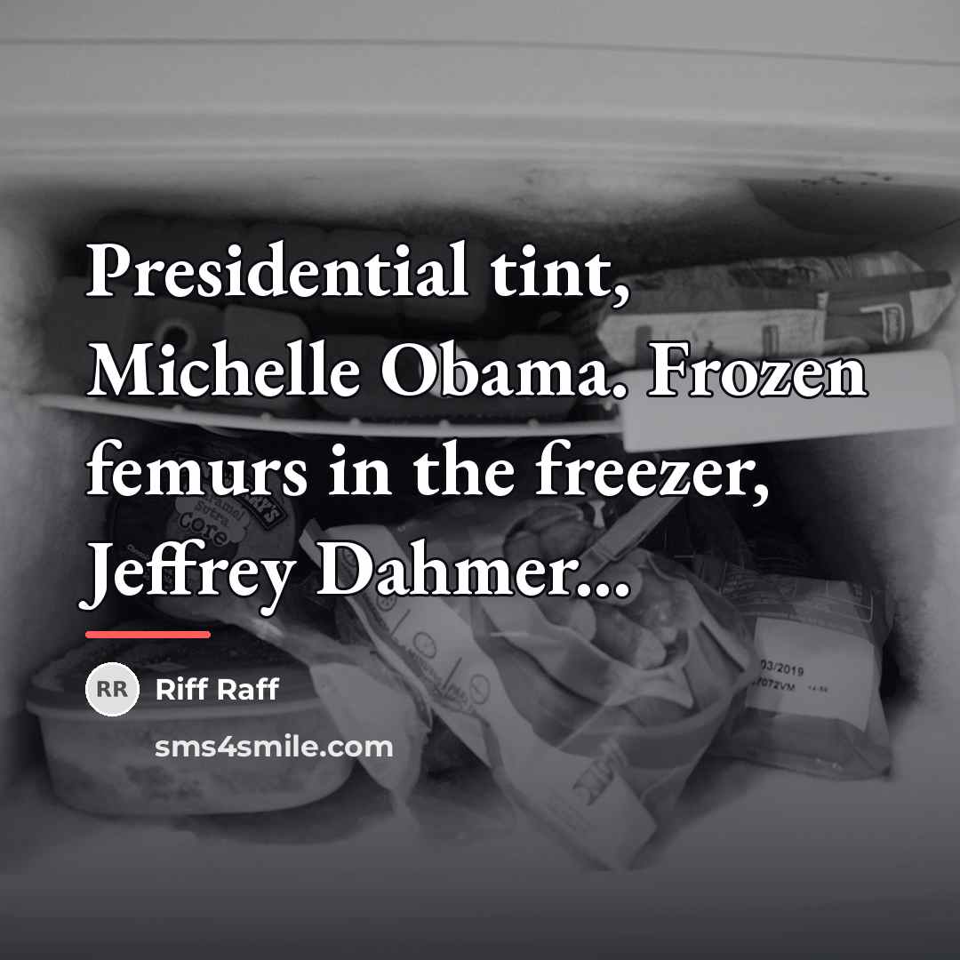 “Presidential tint, Michelle Obama. Frozen femurs in the freezer, Jeffrey…” quote by Riff Raff