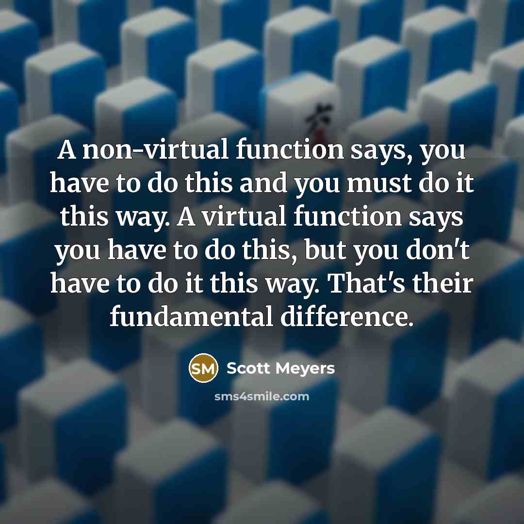 “A non-virtual function says, you have to do this and you must do it this way. A virtual function says you have to do this, but you don't have to do it this way. That's their fundamental difference.” quote by Scott Meyers