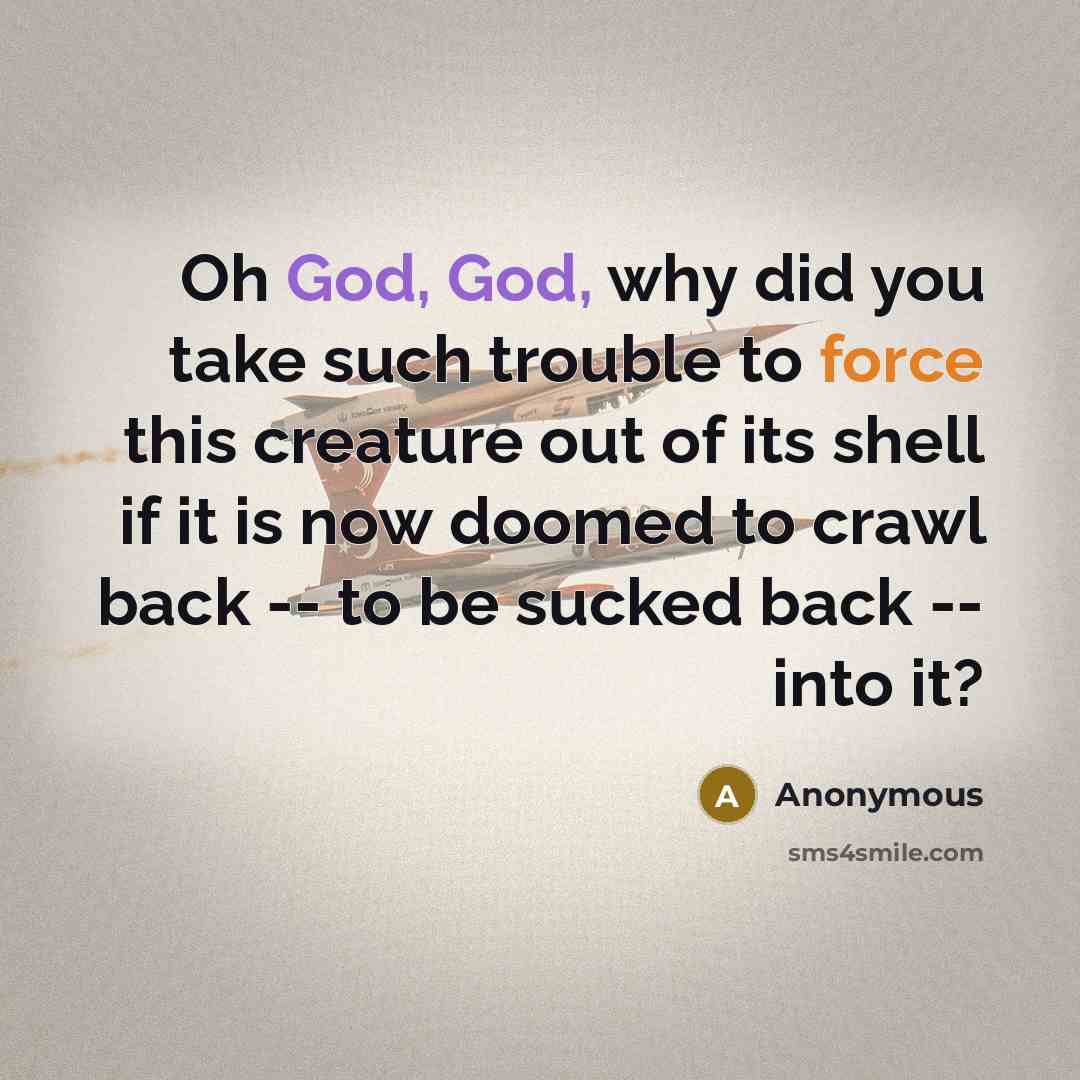 “Oh God, God, why did you take such trouble to force this creature out of its shell if it is now doomed to crawl back -- to be sucked back -- into it?” quote by Anonymous
