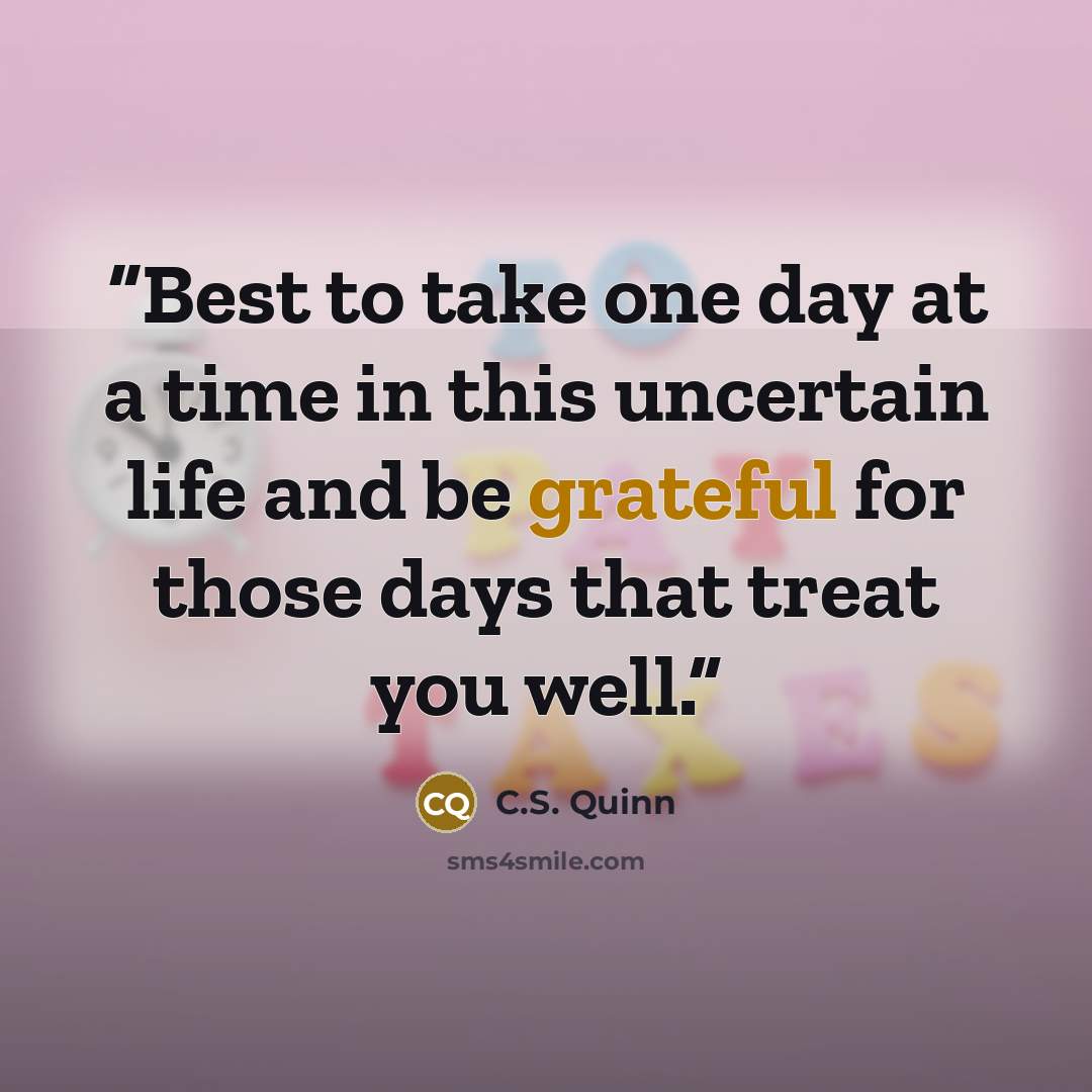 “Best to take one day at a time in this uncertain life and be grateful for those days that treat you well.” quote by C.S. Quinn