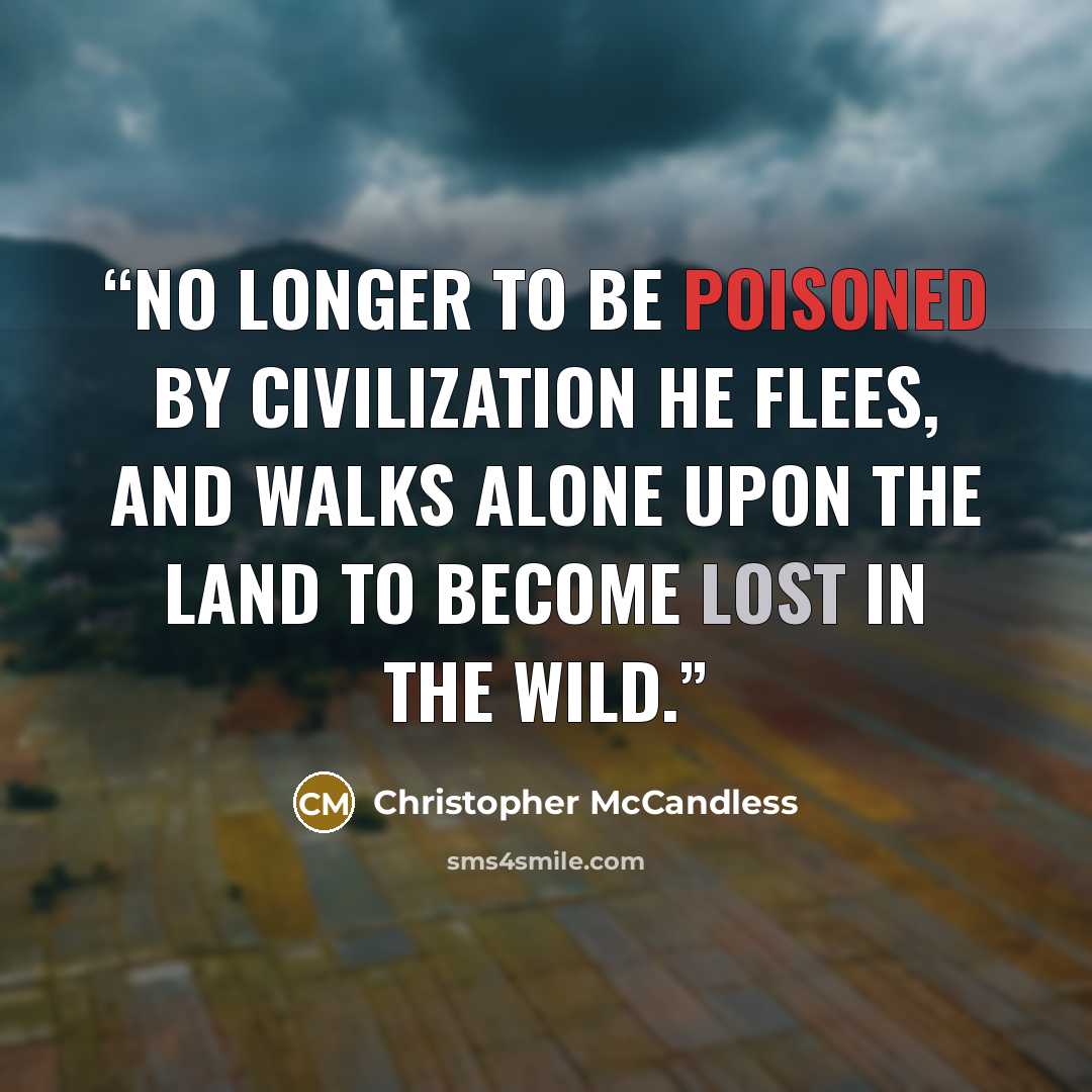 “No longer to be poisoned by civilization he flees, and walks alone upon the land to become lost in the wild.” quote by Christopher McCandless