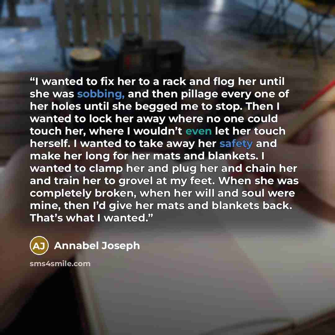 “I wanted to fix her to a rack and flog her until she was sobbing, and then pillage every one of her holes until she begged me to stop. Then I wanted to lock her away where no one could touch her, where I wouldn’t even let her touch herself. I wanted to take away her safety and make her long for…” quote by Annabel Joseph