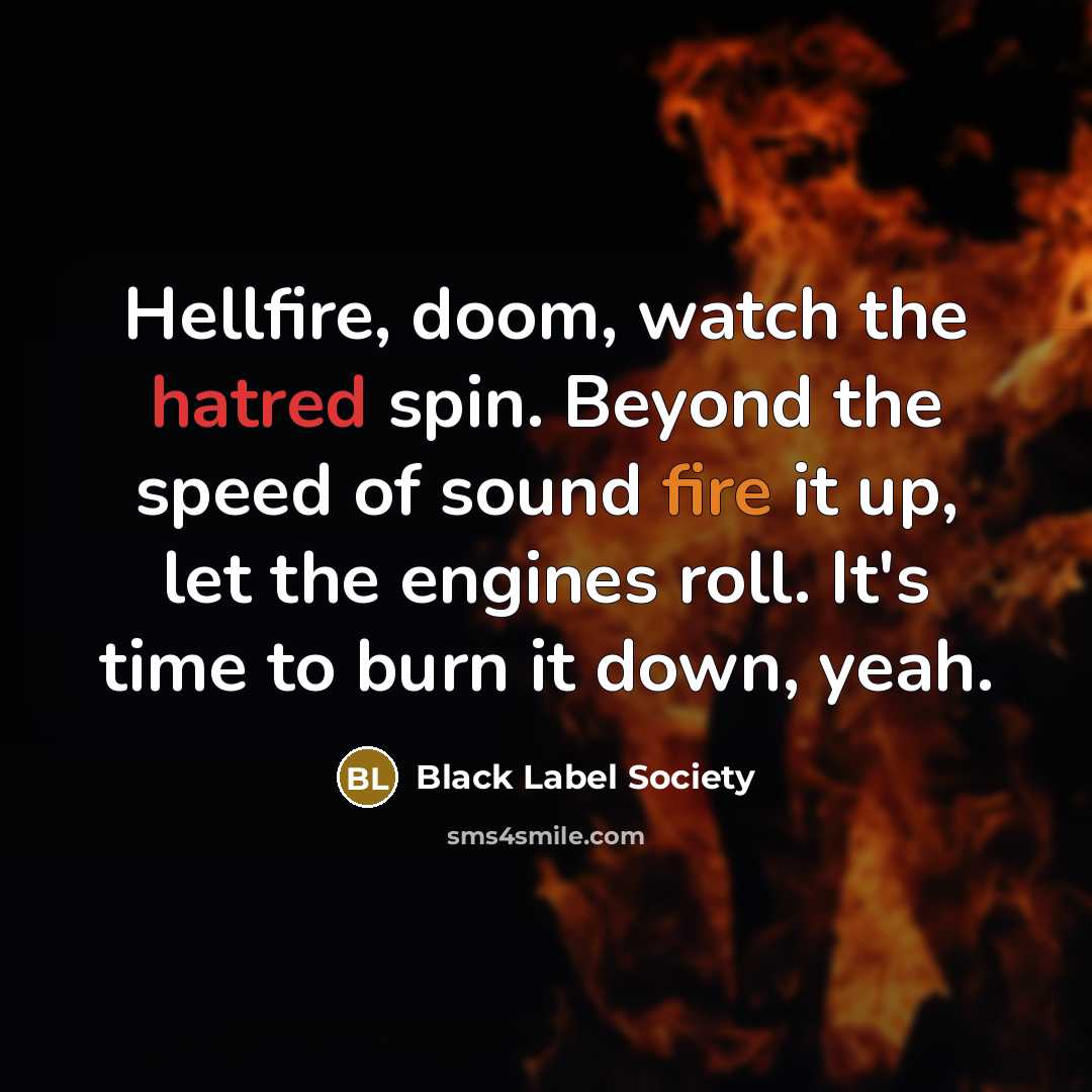 “Hellfire, doom, watch the hatred spin. Beyond the speed of sound fire it up, let the engines roll. It's time to burn it down, yeah.” quote by Black Label Society