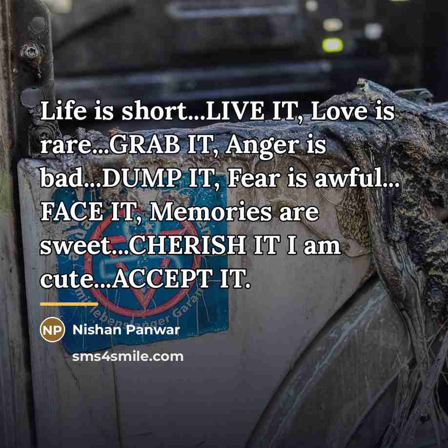 “Life is short...LIVE IT, Love is rare...GRAB IT, Anger is…” quote by Nishan Panwar