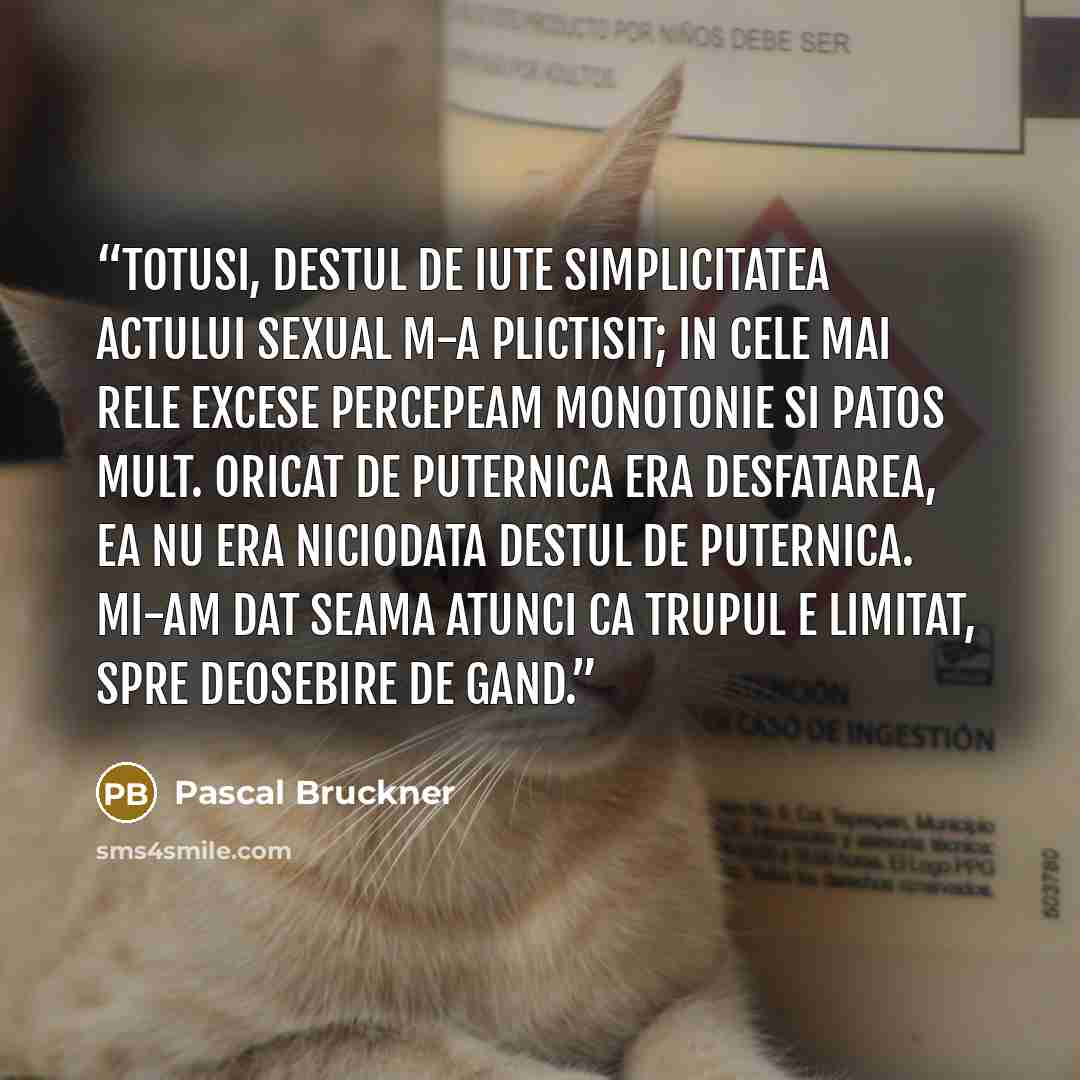 “Totusi, destul de iute simplicitatea actului sexual m-a plictisit; in cele mai rele excese percepeam monotonie si patos mult. Oricat de puternica era desfatarea, ea nu era niciodata destul de puternica. Mi-am dat seama atunci ca trupul e limitat, spre deosebire de gand.” quote by Pascal Bruckner