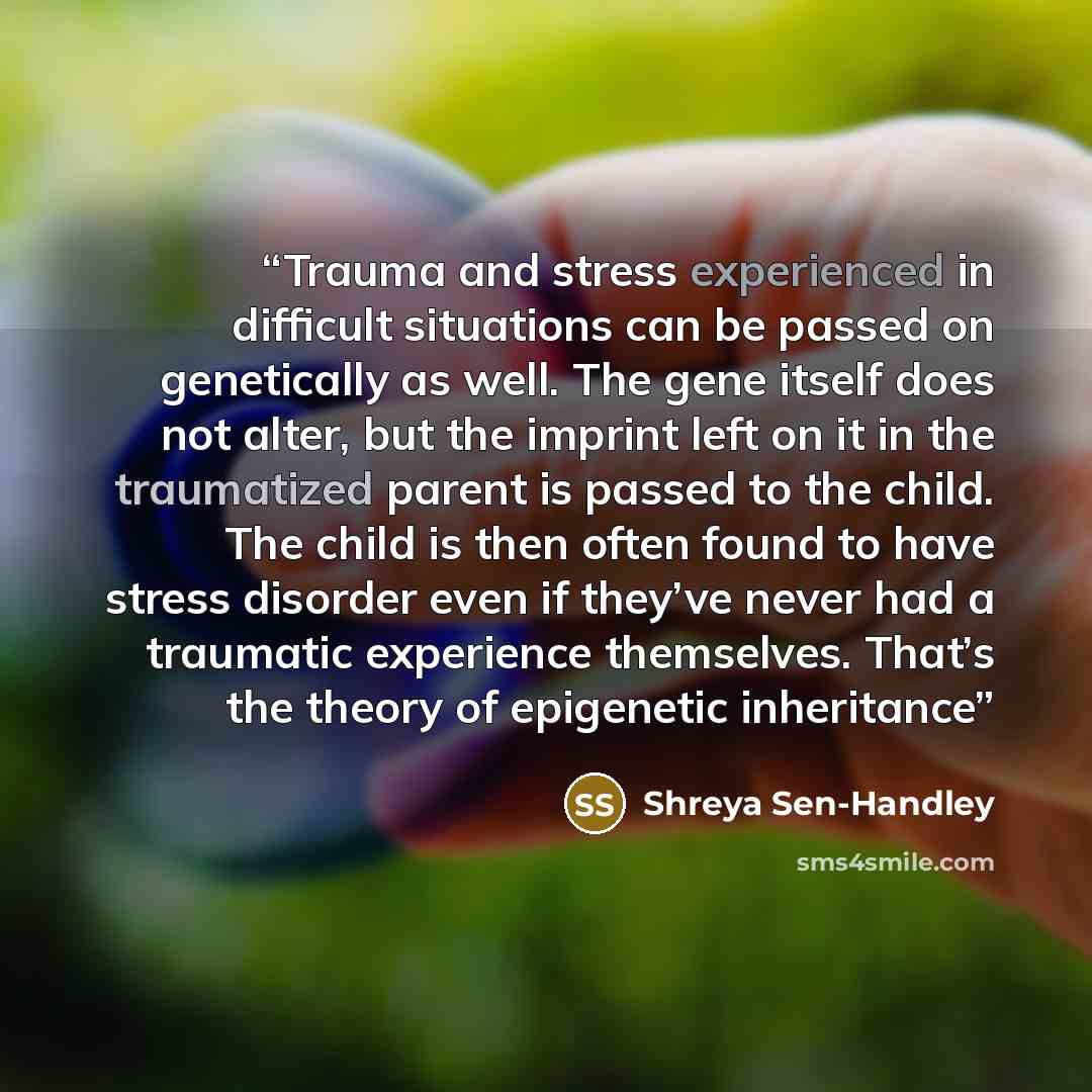 “Trauma and stress experienced in difficult situations can be passed on genetically as well. The gene itself does not alter, but the imprint left on it in the traumatized parent is passed to the child. The child is then often found to have stress disorder even if they’ve never had a traumatic…” quote by Shreya Sen-Handley