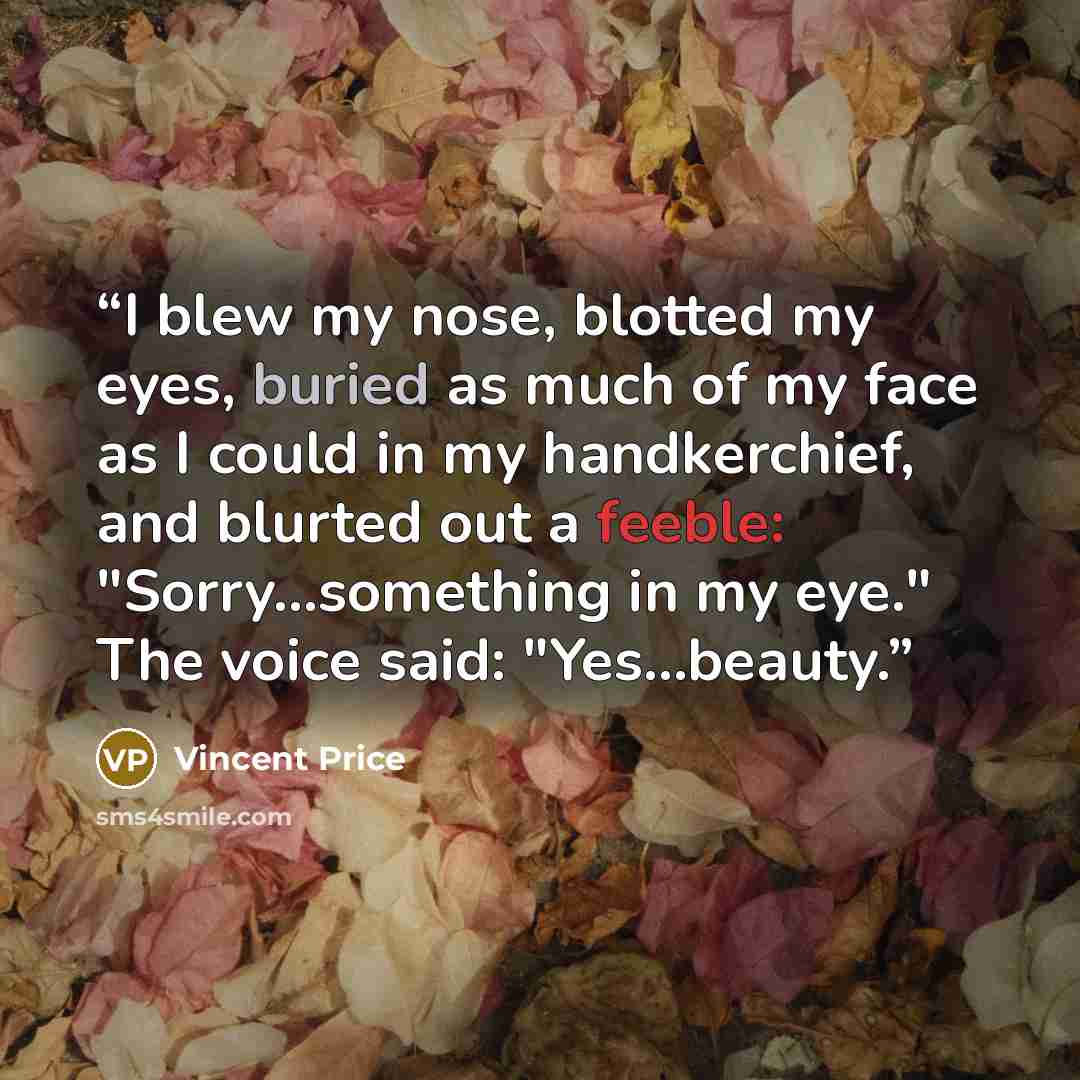 “I blew my nose, blotted my eyes, buried as much of my face as I could in my handkerchief, and blurted out a feeble: "Sorry...something in my eye." The voice said: "Yes...beauty.” quote by Vincent Price