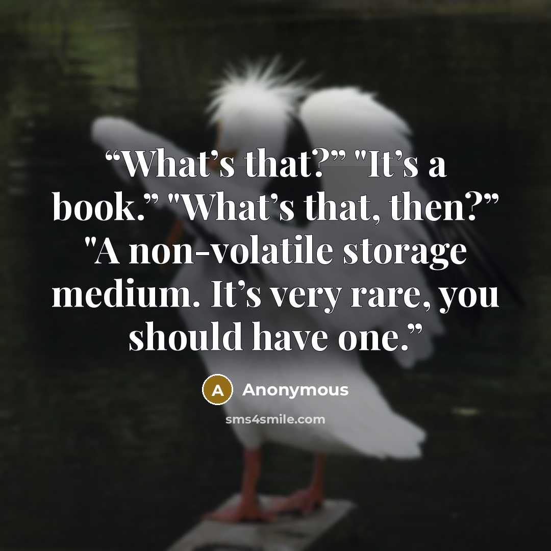 “What’s that?” "It’s a book.” "What’s that, then?” "A non-volatile storage medium. It’s very rare, you should have one.” quote by Anonymous