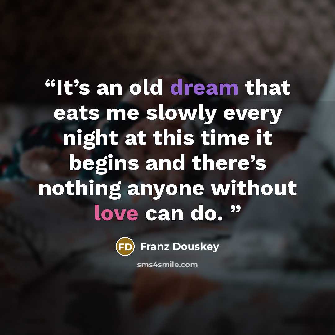 “It’s an old dream that eats me slowly every night at this time it begins and there’s nothing anyone without love can do.” quote by Franz Douskey
