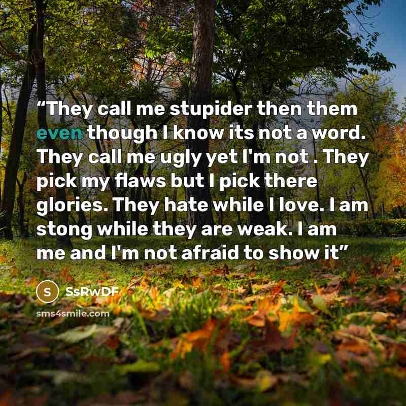 “They call me stupider then them even though I know its not a word. They call me ugly yet I'm not . They pick my flaws but I pick there glories. They hate while I love. I am stong while they are weak. I am me and I'm not afraid to show it” quote by SsRwDF