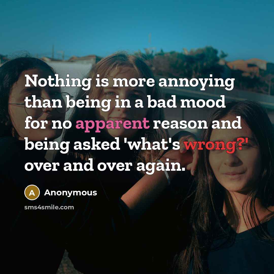 “Nothing is more annoying than being in a bad mood for no apparent reason and being asked 'what's wrong?' over and over again.” quote by Anonymous