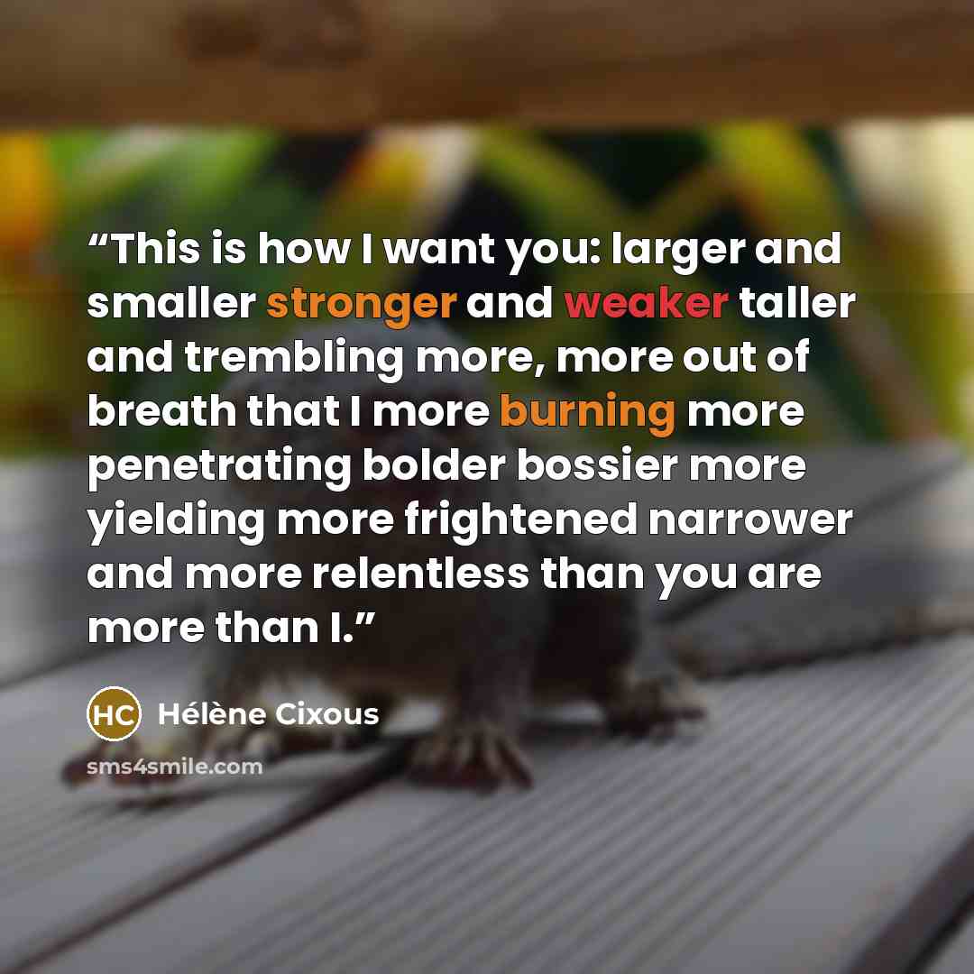 “This is how I want you: larger and smaller stronger and weaker taller and trembling more, more out of breath that I more burning more penetrating bolder bossier more yielding more frightened narrower and more relentless than you are more than I.” quote by Hélène Cixous