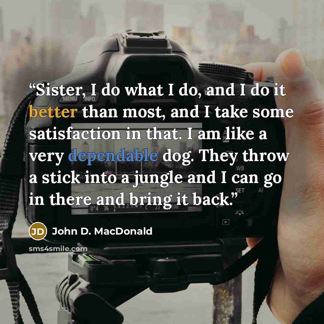 “Sister, I do what I do, and I do it better than most, and I take some satisfaction in that. I am like a very dependable dog. They throw a stick into a jungle and I can go in there and bring it back.” quote by John D. MacDonald