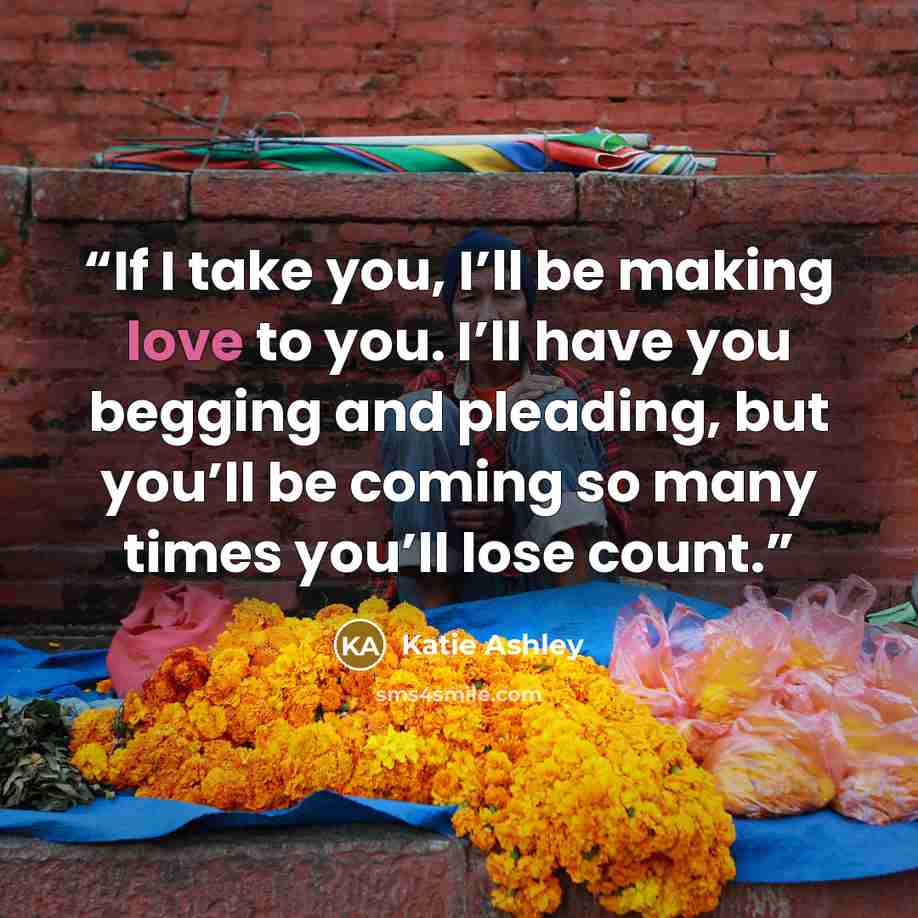 “If I take you, I’ll be making love to you. I’ll have you begging and pleading, but you’ll be coming so many times you’ll lose count.” quote by Katie Ashley