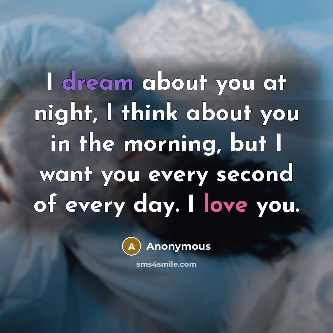“I dream about you at night, I think about you in the morning, but I want you every second of every day. I love you.” quote by Anonymous