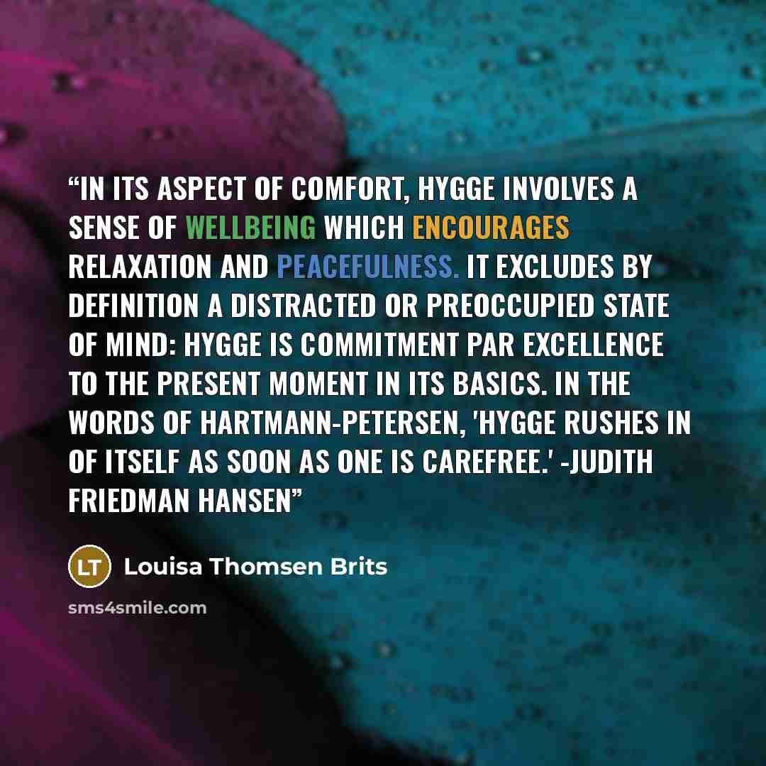 “In its aspect of comfort, hygge involves a sense of wellbeing which encourages relaxation and peacefulness. It excludes by definition a distracted or preoccupied state of mind: hygge is commitment par excellence to the present moment in its basics. In the words of Hartmann-Petersen, 'Hygge rushes…” quote by Louisa Thomsen Brits
