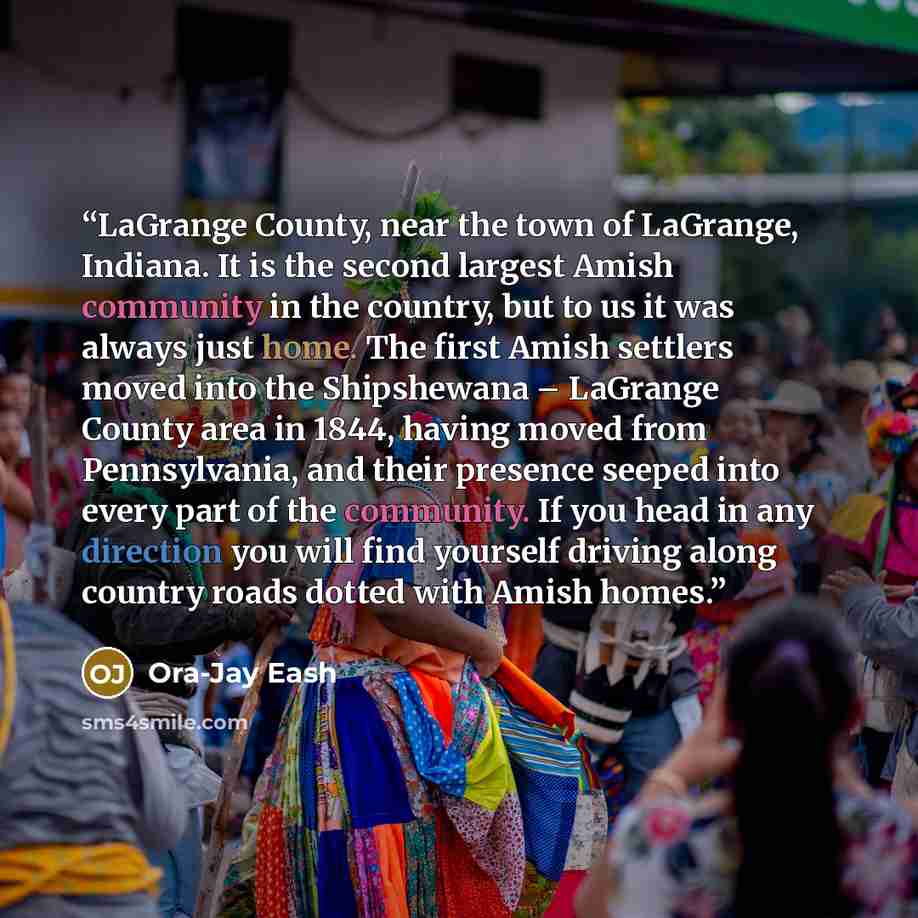 “LaGrange County, near the town of LaGrange, Indiana. It is the second largest Amish community in the country, but to us it was always just home. The first Amish settlers moved into the Shipshewana – LaGrange County area in 1844, having moved from Pennsylvania, and their presence seeped into every…” quote by Ora-Jay Eash