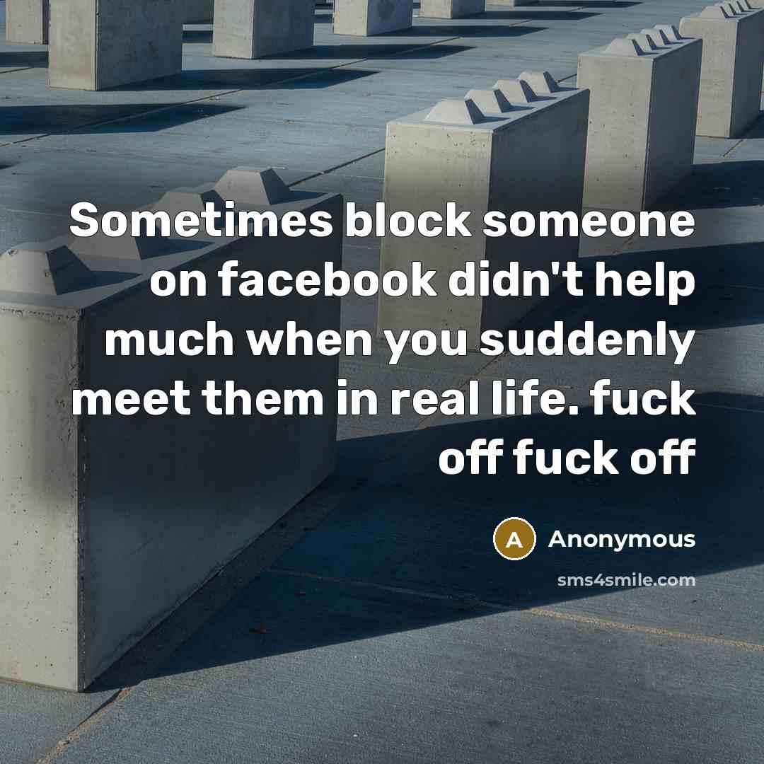 “Sometimes block someone on facebook didn't help much when you suddenly meet them in real life. fuck off fuck off” quote by Anonymous