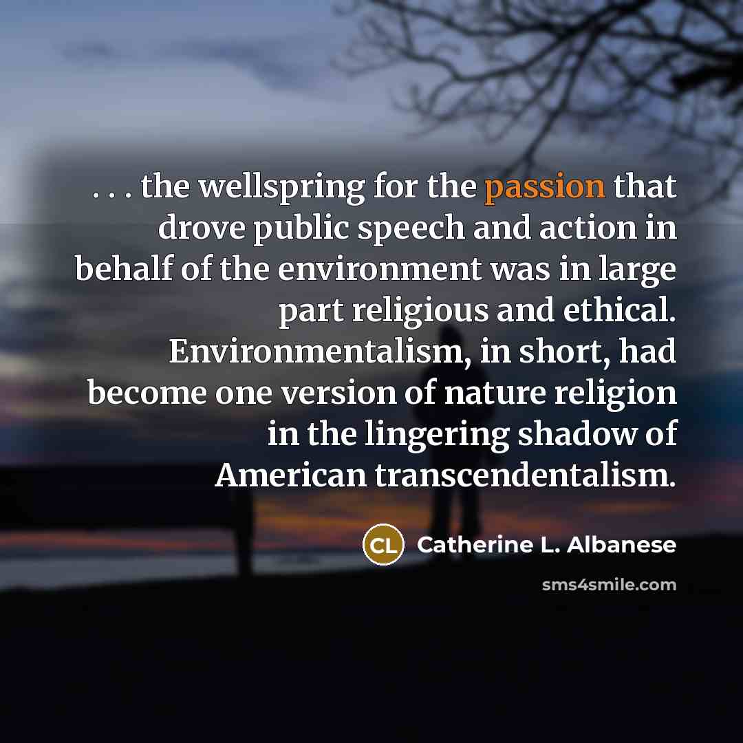 “. . . the wellspring for the passion that drove public speech and action in behalf of the environment was in large part religious and ethical. Environmentalism, in short, had become one version of nature religion in the lingering shadow of American transcendentalism.” quote by Catherine L. Albanese