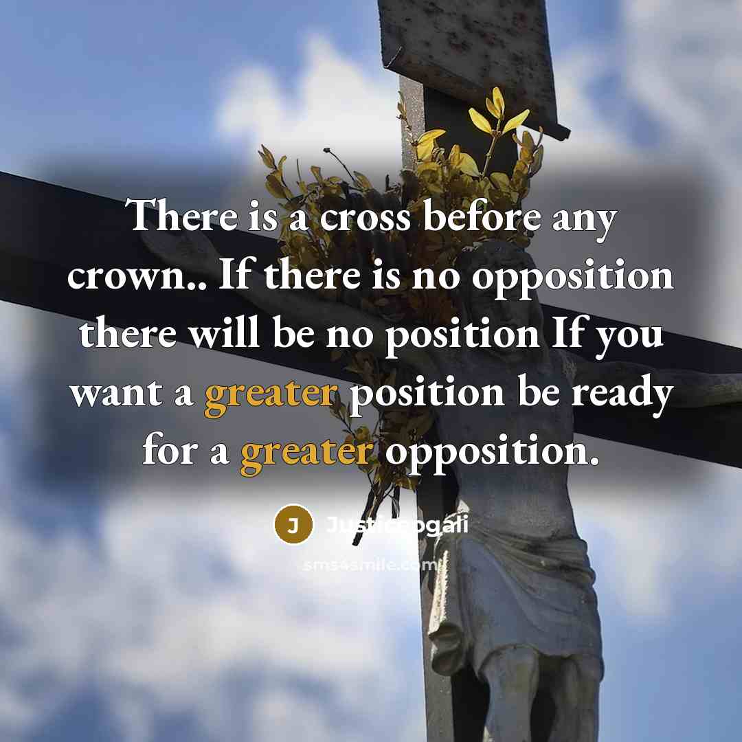 “There is a cross before any crown.. If there is no opposition there will be no position If you want a greater position be ready for a greater opposition.” quote by Justiceogali