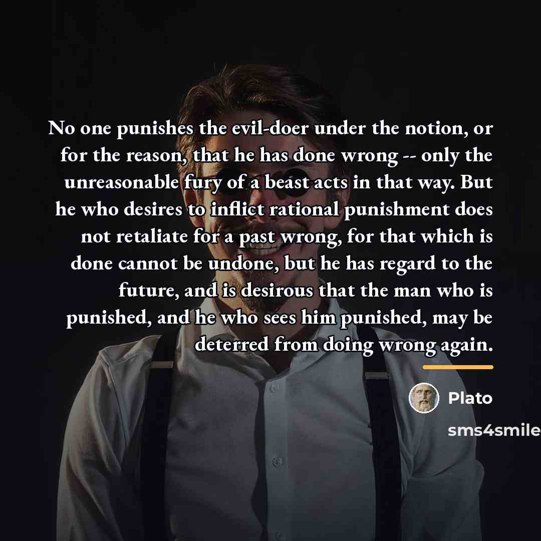 “No one punishes the evil-doer under the notion, or for…” quote by Plato