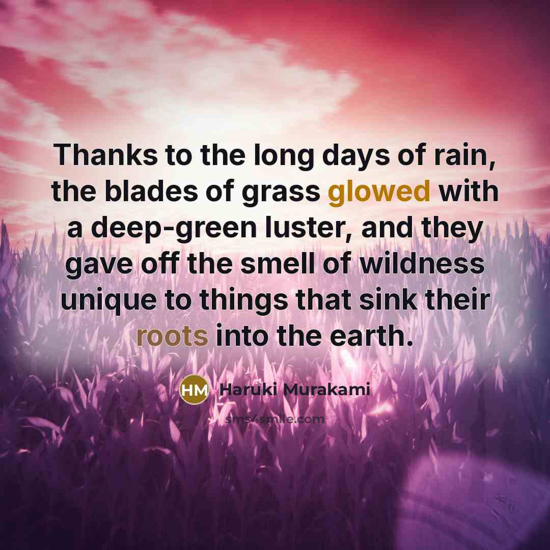 “Thanks to the long days of rain, the blades of…” quote by Haruki Murakami