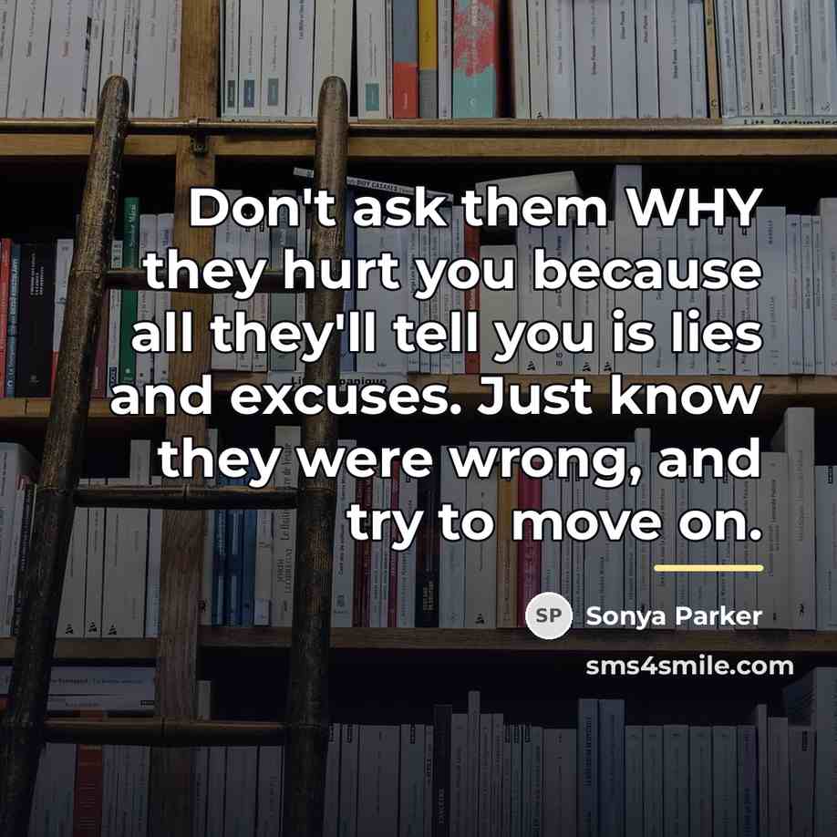 “Don't ask them WHY they hurt you because all they'll…” quote by Sonya Parker