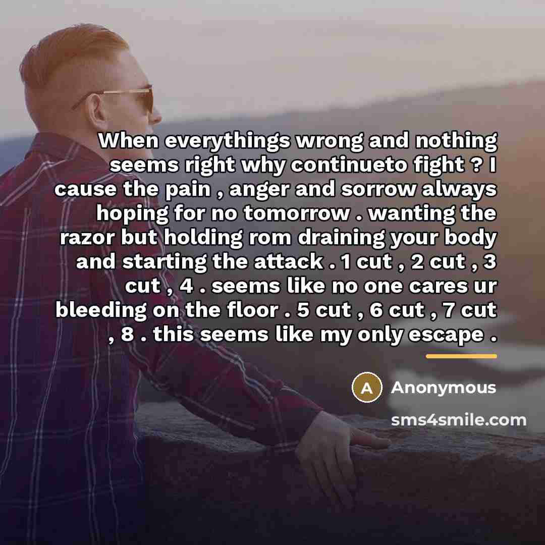 “When everythings wrong and nothing seems right why continueto fight…” quote by Anonymous