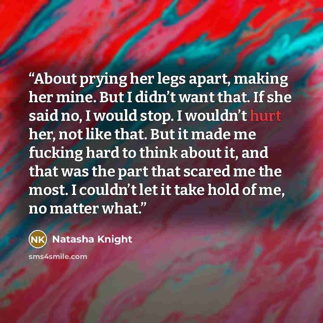 “About prying her legs apart, making her mine. But I didn’t want that. If she said no, I would stop. I wouldn’t hurt her, not like that. But it made me fucking hard to think about it, and that was the part that scared me the most. I couldn’t let it take hold of me, no matter what.” quote by Natasha Knight