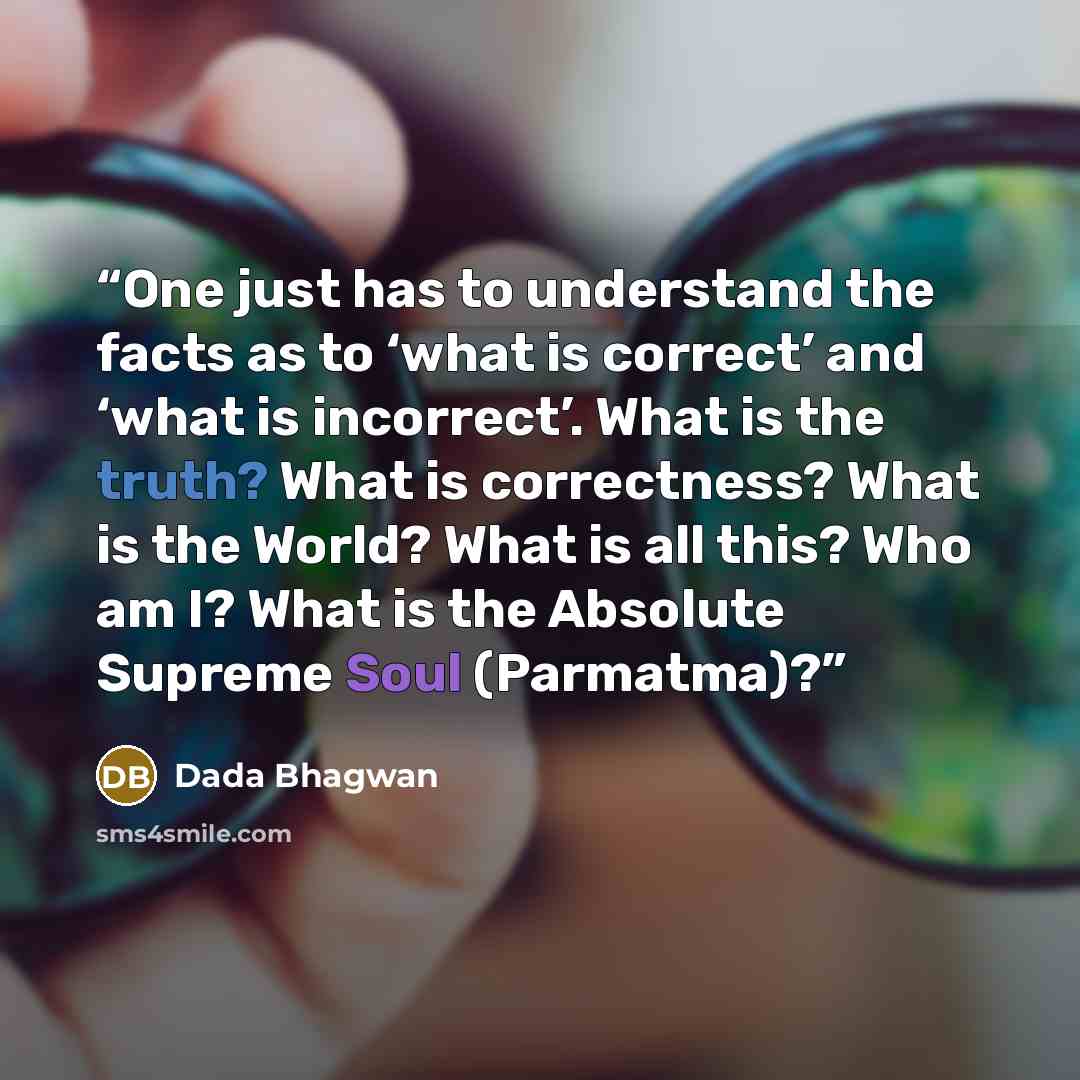 “One just has to understand the facts as to ‘what is correct’ and ‘what is incorrect’. What is the truth? What is correctness? What is the World? What is all this? Who am I? What is the Absolute Supreme Soul (Parmatma)?” quote by Dada Bhagwan