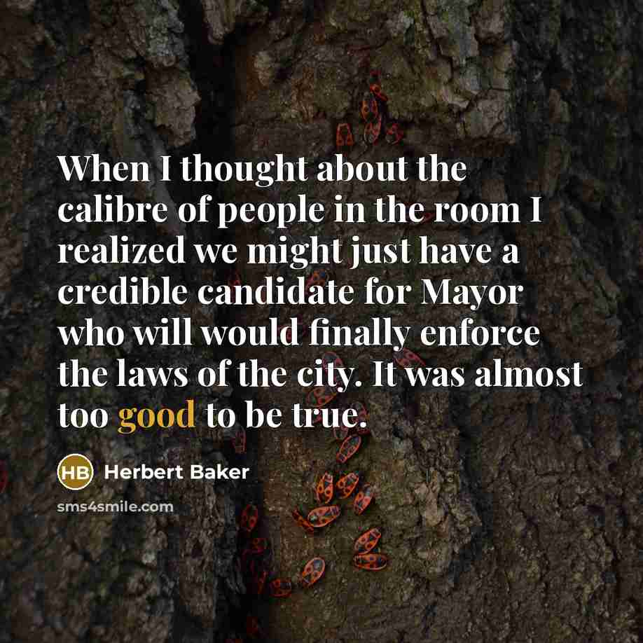 “When I thought about the calibre of people in the room I realized we might just have a credible candidate for Mayor who will would finally enforce the laws of the city. It was almost too good to be true.” quote by Herbert Baker